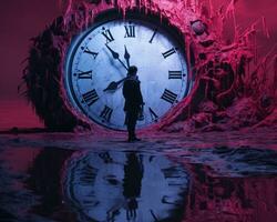 a man standing in front of a large clock generative ai photo