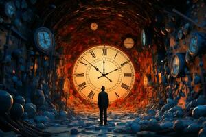 a man standing in front of a large clock in a tunnel generative ai photo