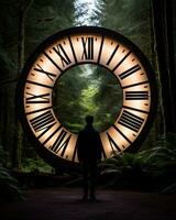 un hombre en pie en frente de un grande reloj en el bosque generativo ai foto