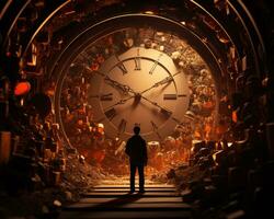 a man standing in front of a large clock generative ai photo