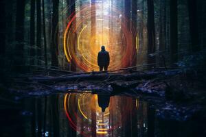 a man standing in the middle of a forest surrounded by light generative ai photo