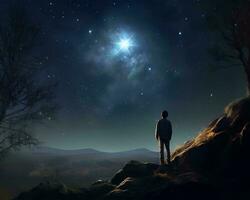 a man standing on a hill looking at a star in the sky generative ai photo