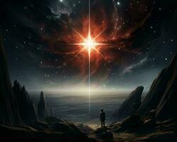 a man standing on a rock looking at a star in the sky generative ai photo