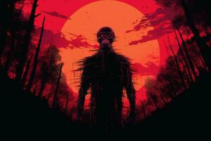 a man standing in the middle of a forest with a red sun in the background generative ai photo