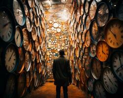 a man standing in the middle of a room full of clocks generative ai photo