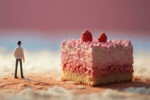 a man stands next to a piece of cake with raspberries on it generative ai photo