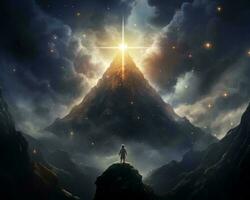 a man standing on top of a mountain with a star shining in the sky generative ai photo