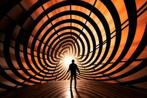 a man standing in the middle of an orange and black tunnel generative ai photo