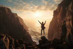 a man standing on the edge of a cliff with his arms outstretched generative ai photo