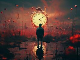 a man stands in front of a clock in a field of red flowers generative ai photo