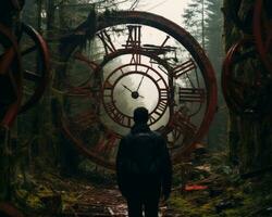 a man walking through a forest with a large clock in the middle of it generative ai photo