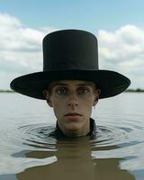un hombre vistiendo un negro sombrero en el agua generativo ai foto