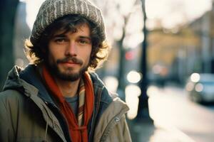 a man wearing a beanie and jacket on a city street generative ai photo