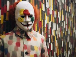a man wearing a clown mask standing in front of a colorful wall generative ai photo