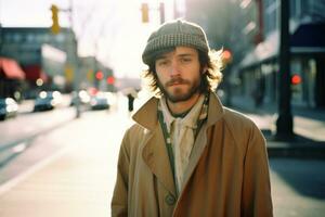 a man wearing a hat and coat standing on a city street generative ai photo