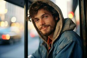 un hombre vistiendo un capucha en un autobús generativo ai foto