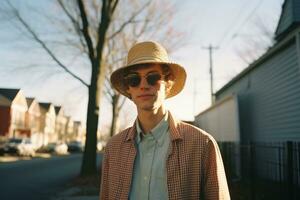 a man wearing a hat and sunglasses standing on a street generative ai photo