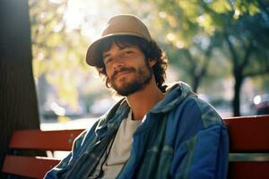 a man wearing a hat sitting on a red bench generative ai photo