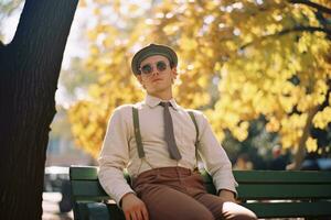 a man wearing a hat and suspenders sitting on a bench generative ai photo