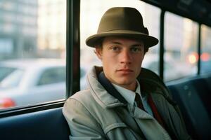 un hombre vistiendo un sombrero en un autobús generativo ai foto
