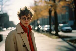a man wearing glasses and a coat standing on a street generative ai photo