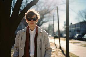 a man wearing sunglasses and a coat standing in front of a tree generative ai photo