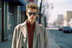 a man wearing sunglasses and a coat standing on the street generative ai photo