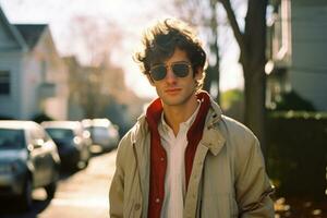a man wearing sunglasses and a jacket standing on a street generative ai photo