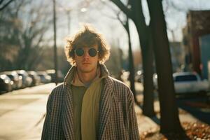 a man wearing sunglasses and a coat standing on a street generative ai photo