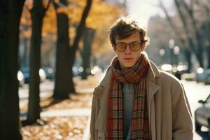 a man wearing glasses and a scarf walking down the street generative ai photo