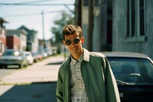 a man wearing sunglasses and a green jacket standing in front of a parked car generative ai photo