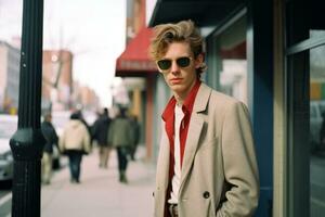 a man wearing sunglasses and a red shirt standing on a city street generative ai photo