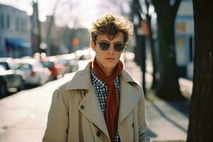 a man wearing sunglasses and a trench coat on a street generative ai photo