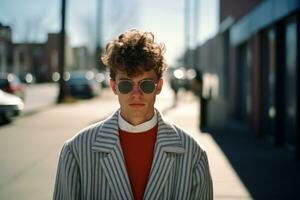 a man wearing sunglasses and a striped jacket standing on a street generative ai photo