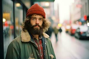 a man with a beard and a red hat standing on a city street generative ai photo