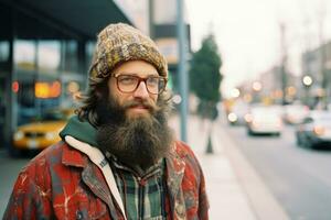 a man with a beard and glasses standing on the street generative ai photo