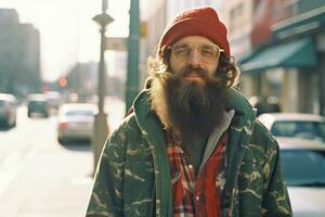 a man with a beard and glasses standing on the street generative ai photo