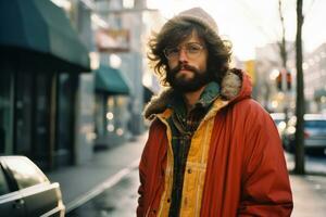 a man with a beard and glasses standing on a city street generative ai photo