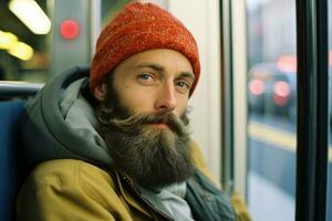 a man with a beard and hat sitting on a train generative ai photo