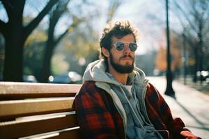 a man with a beard and sunglasses sitting on a park bench generative ai photo