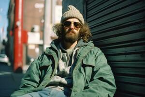 a man with a beard and sunglasses sitting on the sidewalk generative ai photo