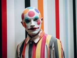 un hombre con un payaso cara pintado en su cara en pie en frente de un a rayas pared generativo ai foto