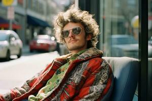 a man with curly hair and sunglasses sitting on a bench generative ai photo