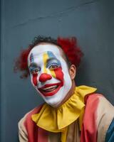 un hombre con un payaso cara y rojo pelo generativo ai foto