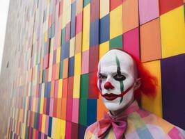 a man with a clown face standing in front of a colorful wall generative ai photo