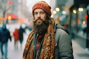 a man with a long beard and scarf standing on a city street generative ai photo