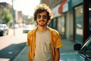 a man with curly hair and sunglasses standing in front of a car generative ai photo