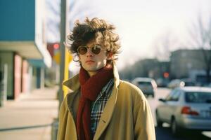 a man with curly hair and sunglasses standing on the street generative ai photo
