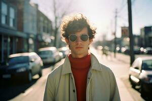 a man with curly hair and sunglasses standing on a street generative ai photo