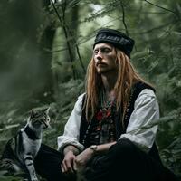 un hombre con largo rojo pelo sentado en el bosque con un gato generativo ai foto